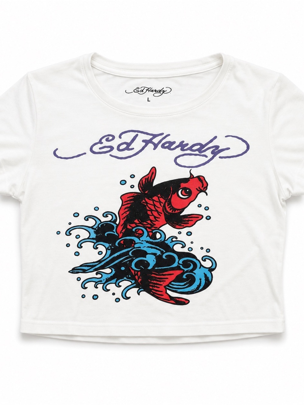 Ed Hardy White Graphic Fish Tee with Red & Blue Print